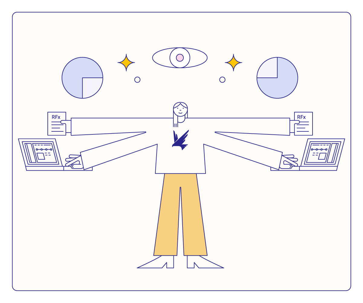 Person in Fairmarkit t-shirt multitasking procurement tasks