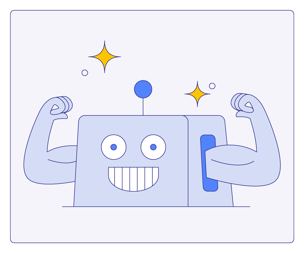 Robot with muscles depicting AI and automation