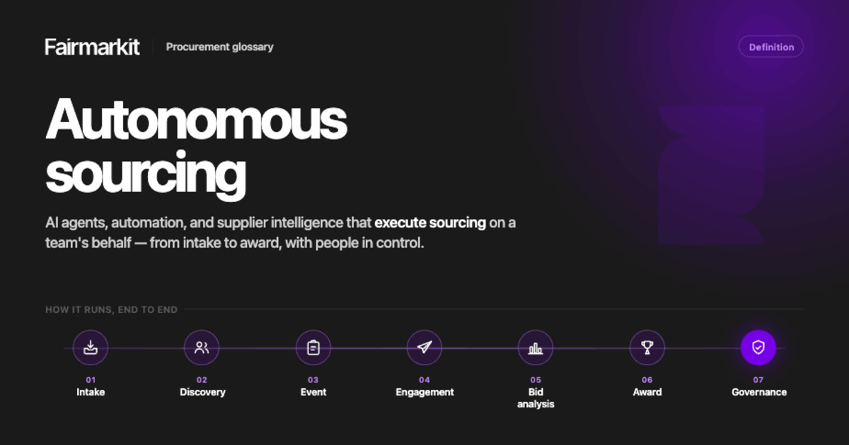 Autonomous sourcing agents: Intake, Discovery, Event, Engagement, Bid Analysis, Award, Governance
