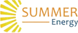 Bright yellow summer energy logo with sun rays on a light background.