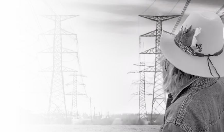 Person wearing a hat with feathers looking at a row of electrical transmission towers under a cloudy sky.