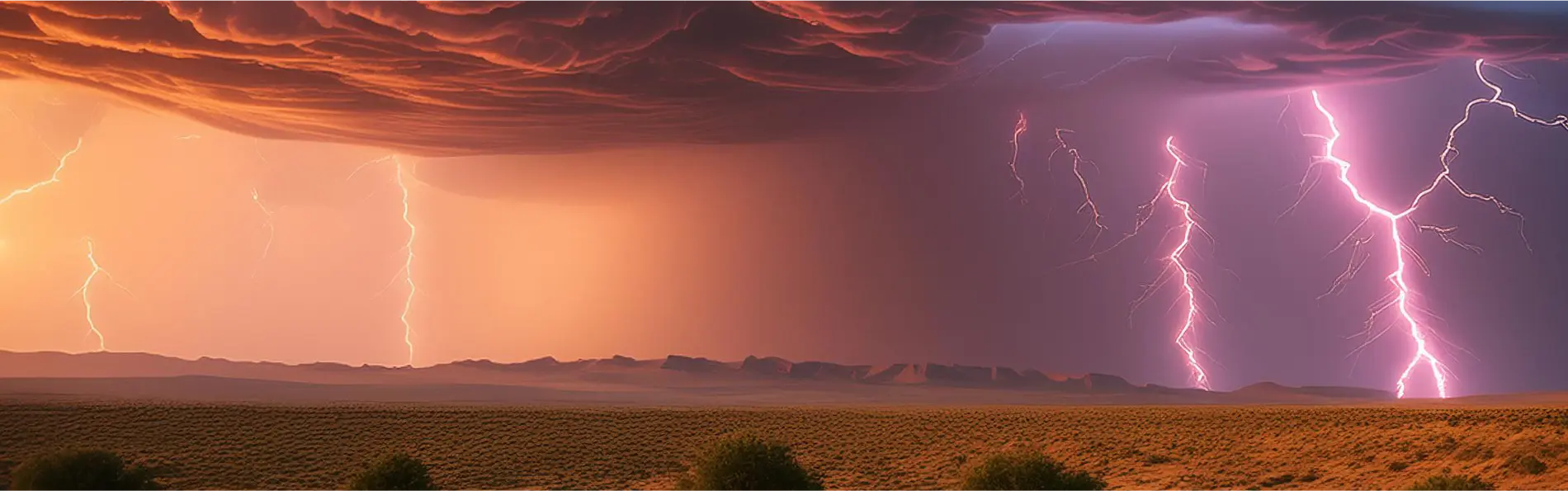 Stormy sky over a desert landscape with multiple purple and orange lightning strikes.