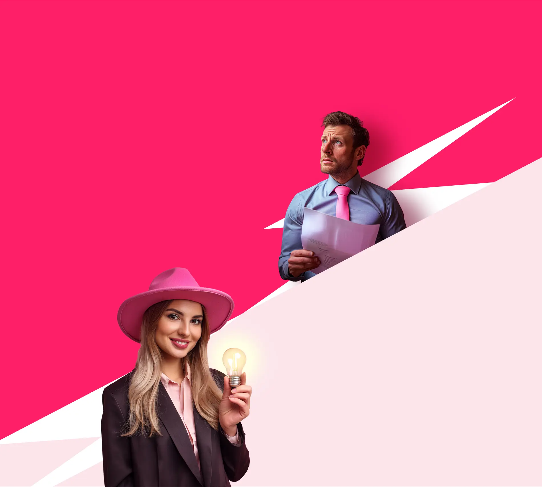 Smiling woman in a pink hat holding a glowing light bulb below a man in a blue shirt and pink tie holding papers and looking up against a pink and white abstract background.