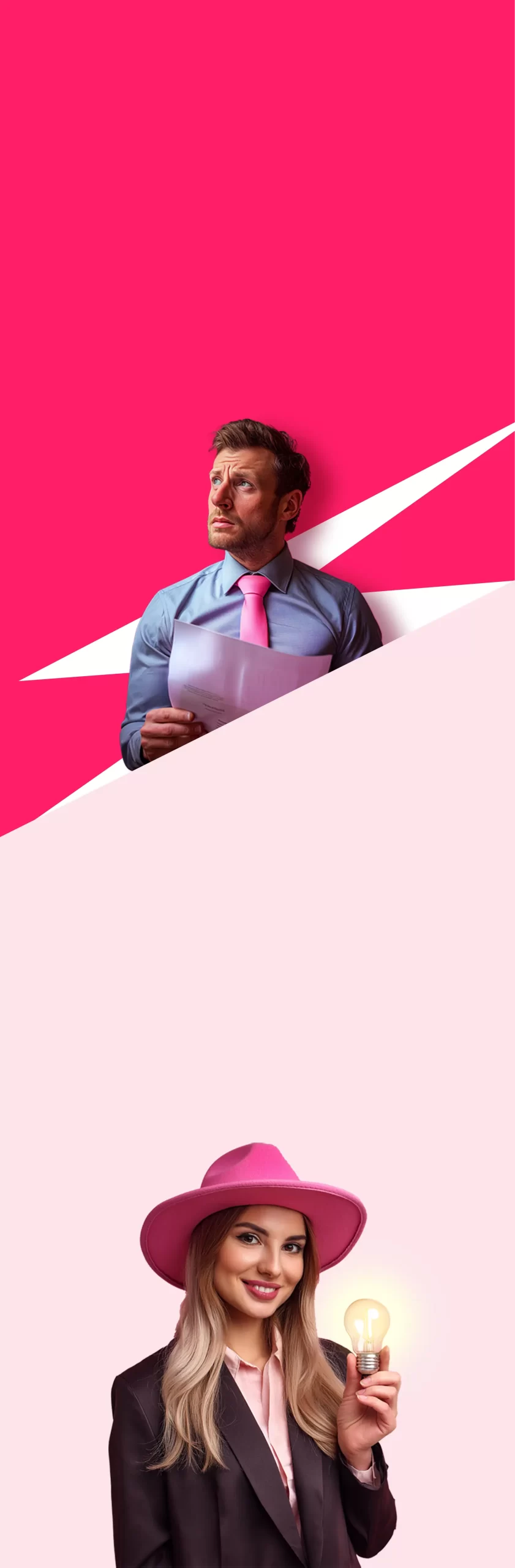 Man in a blue shirt and pink tie looking up while holding documents over a vibrant pink background, and smiling woman in a black blazer and pink hat holding a glowing light bulb on a light pink background.