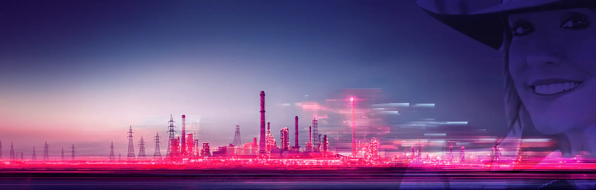 Futuristic industrial refinery with glowing pink lights and a smiling person wearing a hat on the right side.