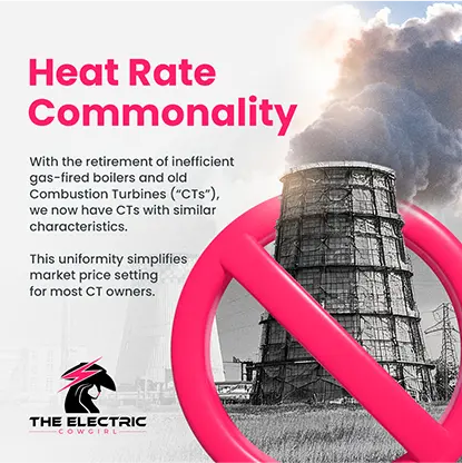 Industrial cooling tower emitting smoke crossed out by a large pink prohibition symbol with text about heat rate commonality and combustion turbine efficiency.