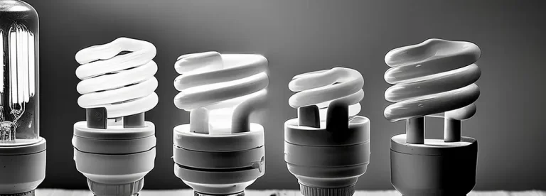 Row of four different compact fluorescent light bulbs in grayscale.