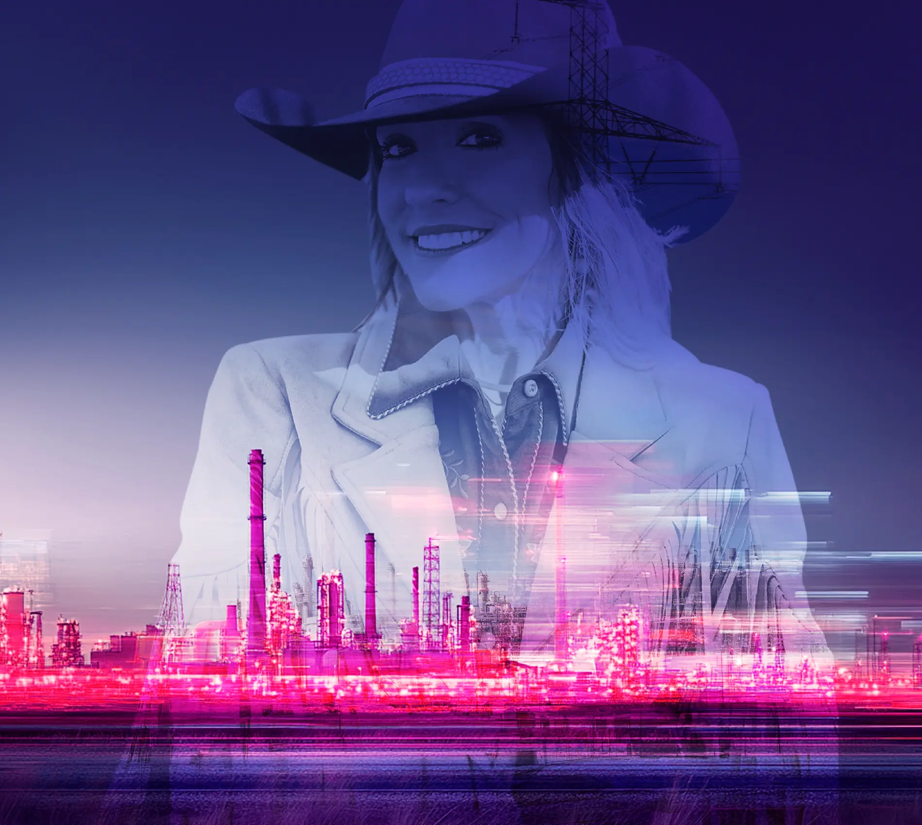 Double exposure of a smiling woman in a cowboy hat and a glowing industrial refinery at dusk.