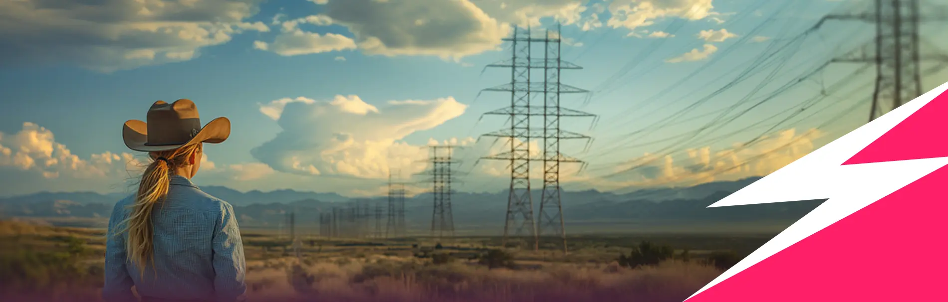 Person wearing a cowboy hat looking at a landscape with multiple electricity transmission towers under a partly cloudy sky.