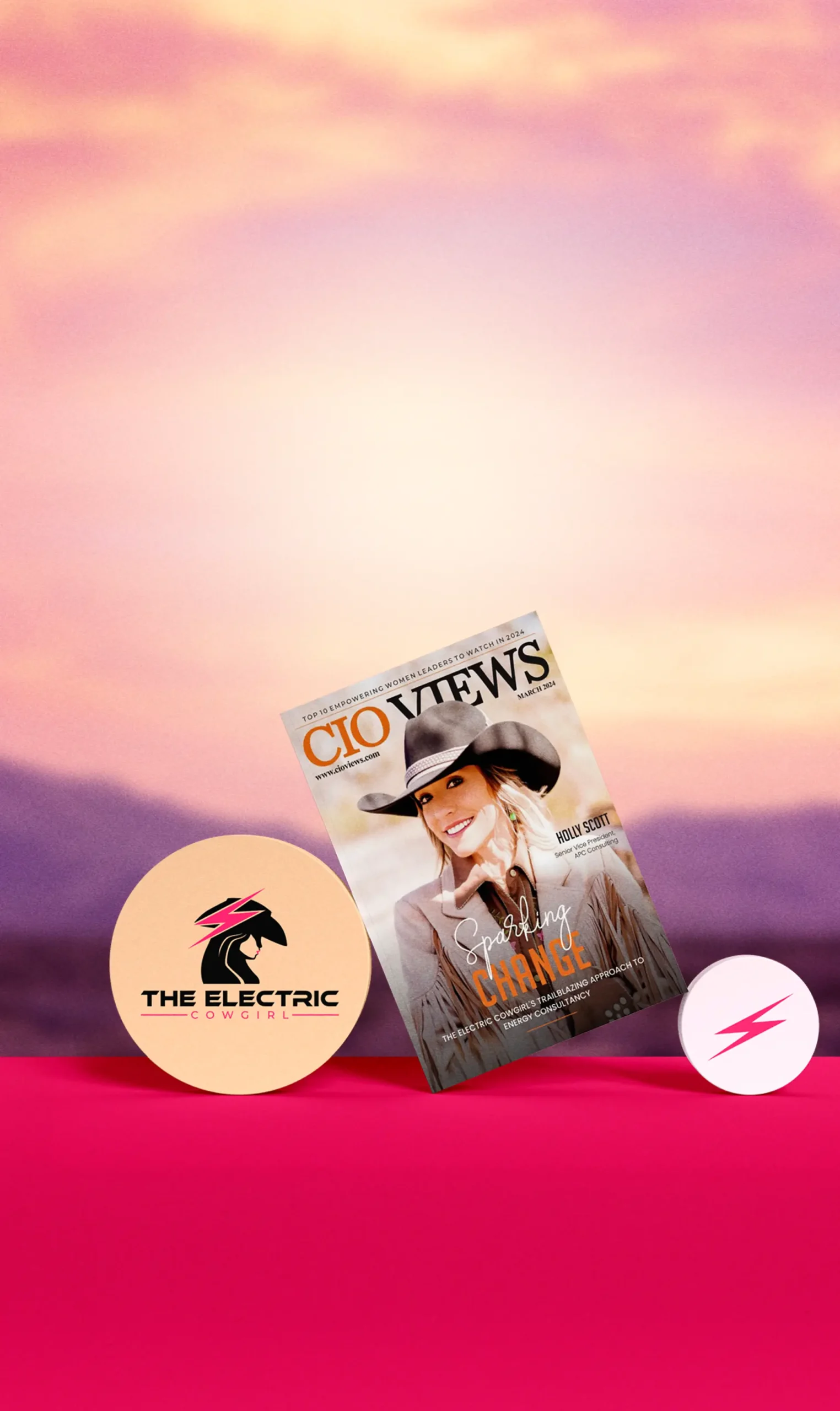 CIO Views magazine cover featuring a smiling woman in a cowboy hat with text 'Sparkling Change' alongside The Electric Cowgirl logo and a pink lightning bolt symbol.