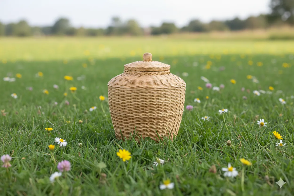 A woven urn resting in a meadow of wild flowers