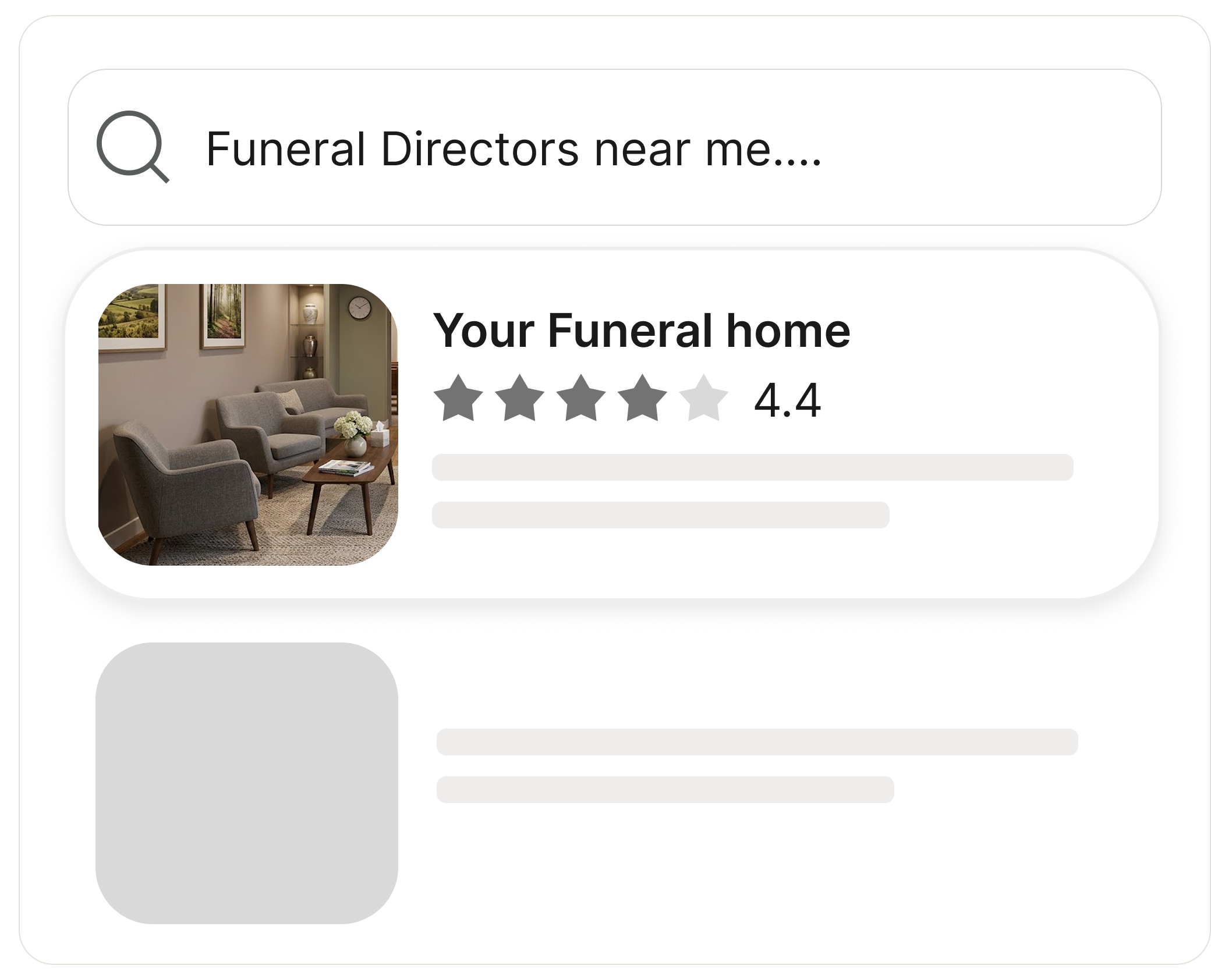 A search for funeral directors near me, with a local funeral home at the top of the results