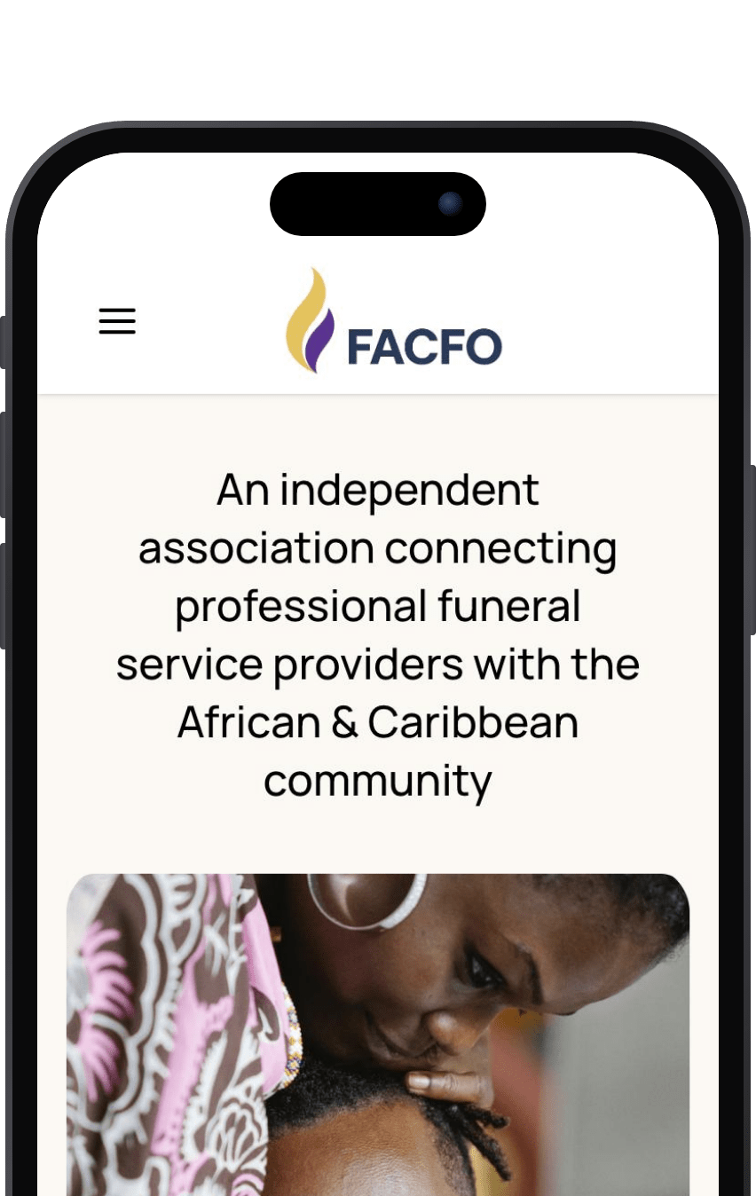 The FACFO website on a mobile phone, introducing an independent association that connects funeral service providers with the African and Caribbean community