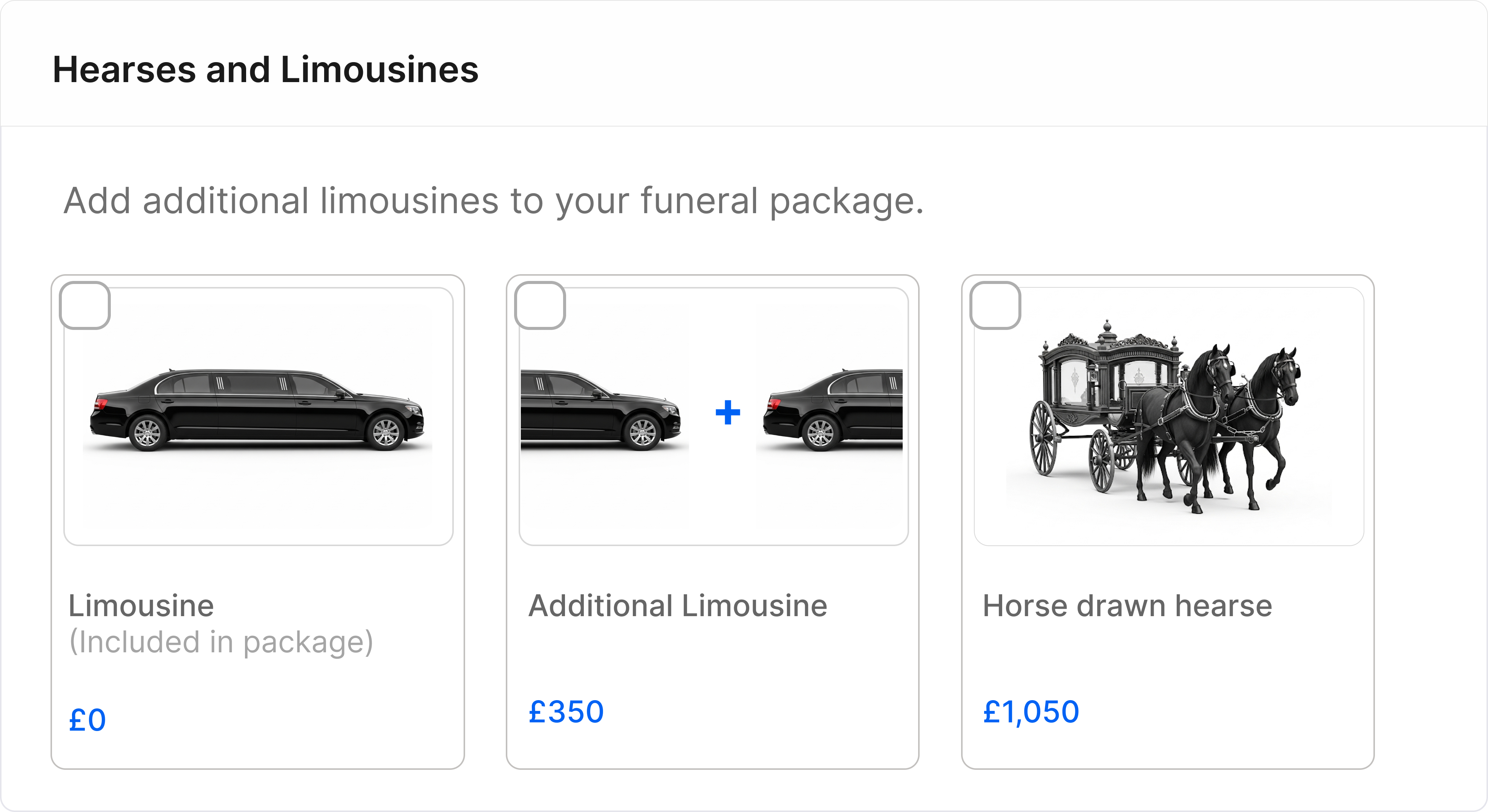 A funeral home website on a mobile phone showing funeral vehicle options and prices