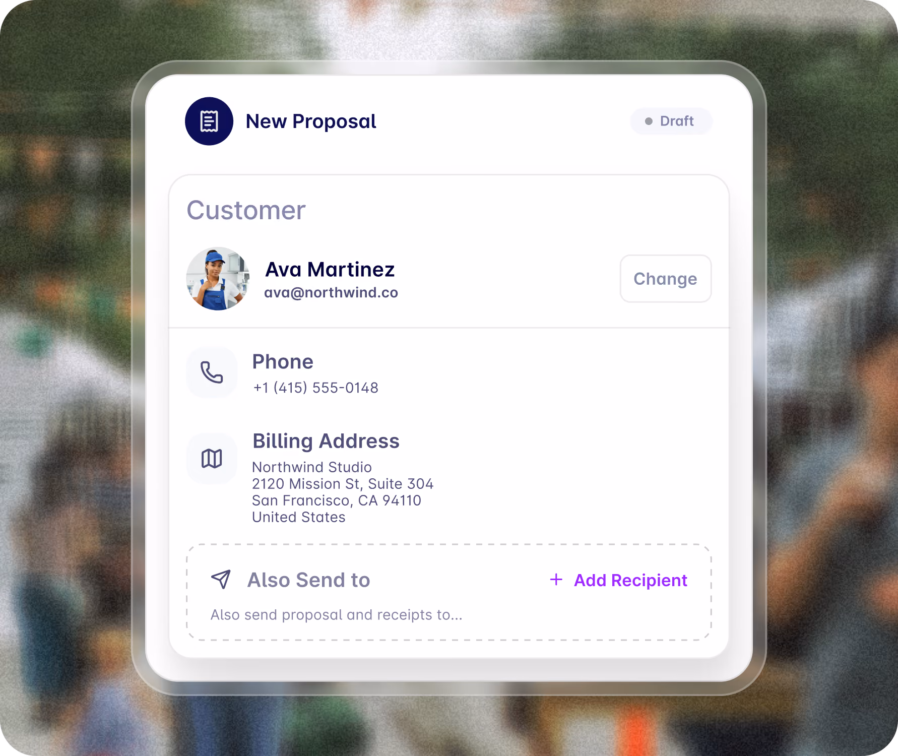 New customer proposal showing customer details and billing address