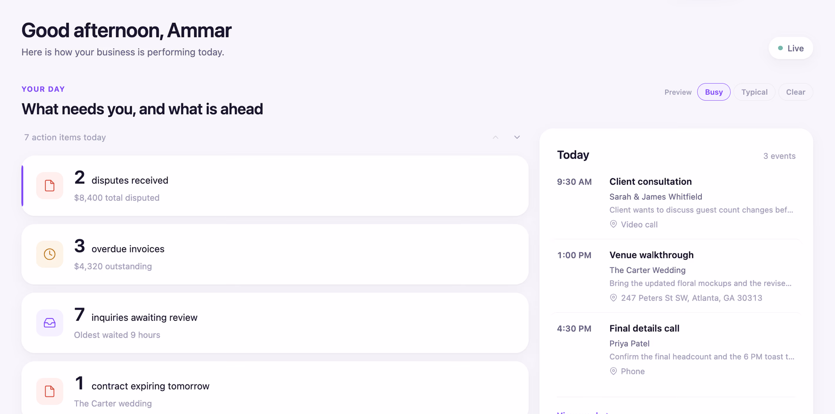 Financial platform dashboard showing payments, invoices, and business performance