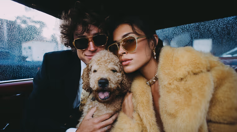 Pareja elegante con gafas de sol abrazando un perro peludo dentro de un coche con lluvia en las ventanas.
