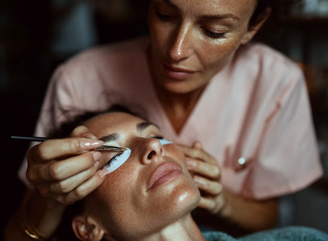 Esteticista aplicando extensiones de pestañas a una mujer con los ojos cerrados.