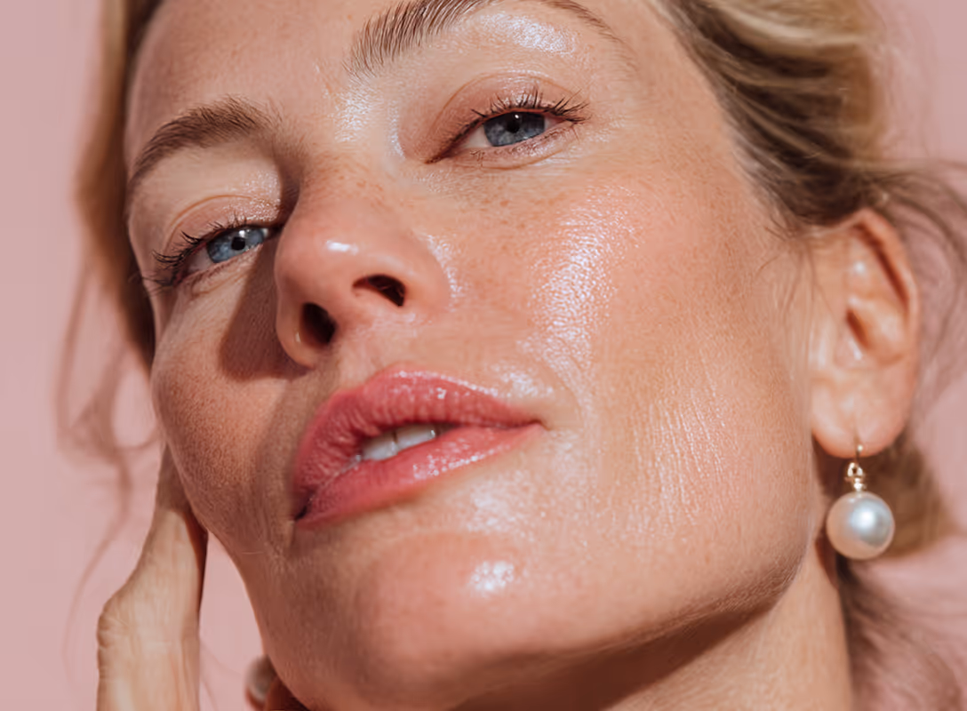 Primer plano del rostro de una mujer con piel hidratada y luminosa, labios rosados y pendientes de perla.