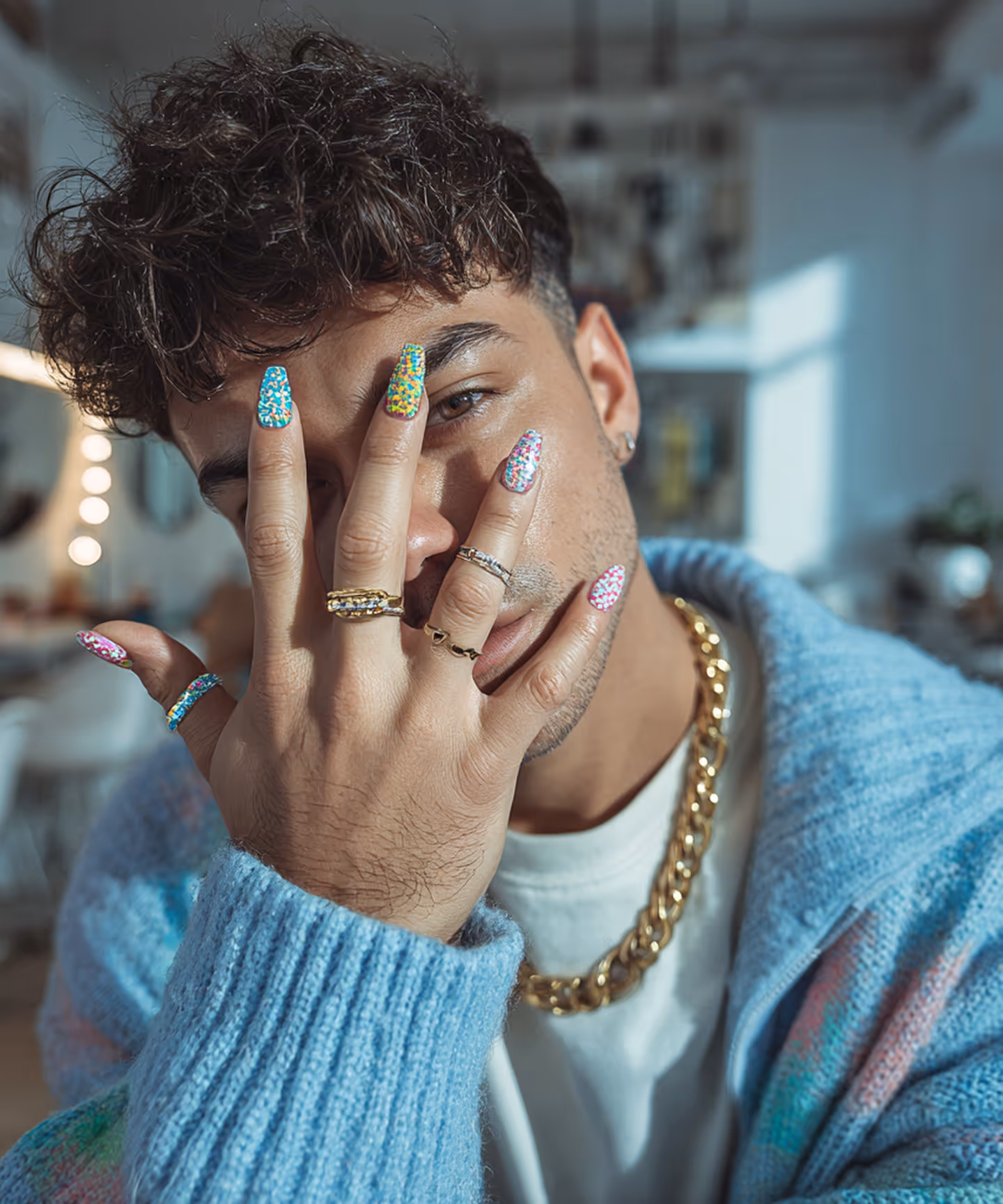 Hombre joven con cabello rizado, viste un suéter azul y lleva varios anillos dorados con uñas decoradas de colores brillantes, cubriéndose parcialmente el rostro con la mano.