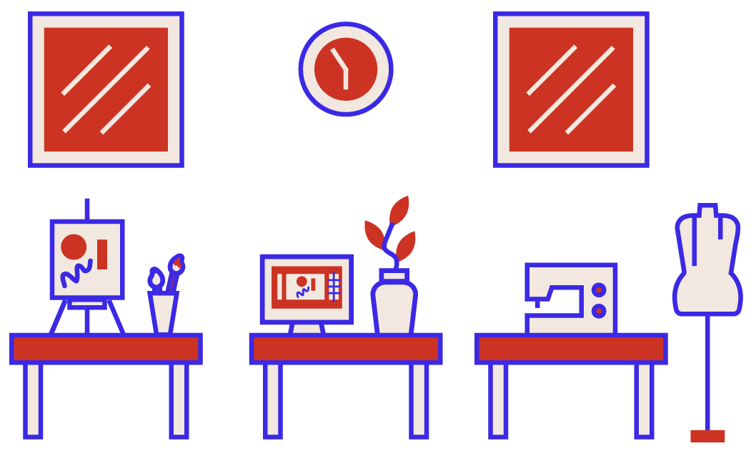 A white, red, and blue vector image of a studio space with multiple art practices