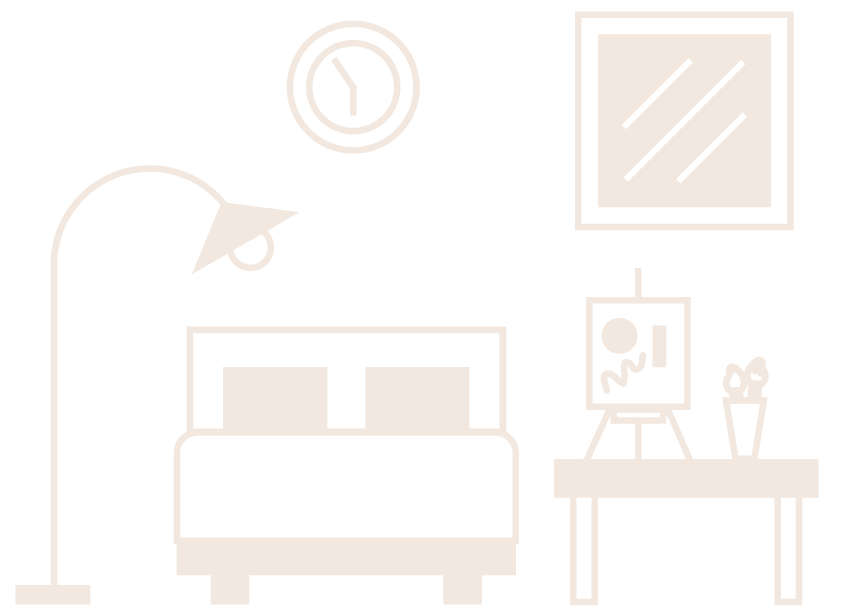 A white outlined vector image of a bedroom studio.  There is a floorlamp, bed, wall clock, window and table with a canvas and paintbrushes on it.