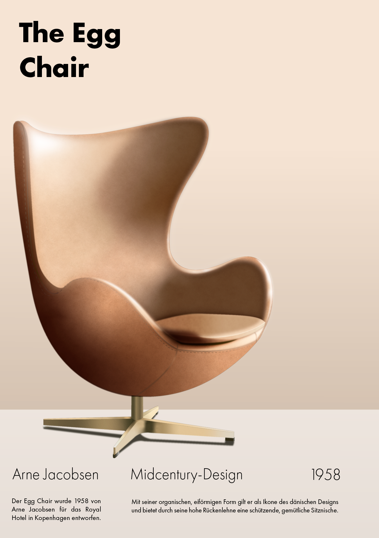 Egg Chair Plakat Variante 2 – reduziert, zartes Beige, Mid-Century Posterdesign Jusumi Design