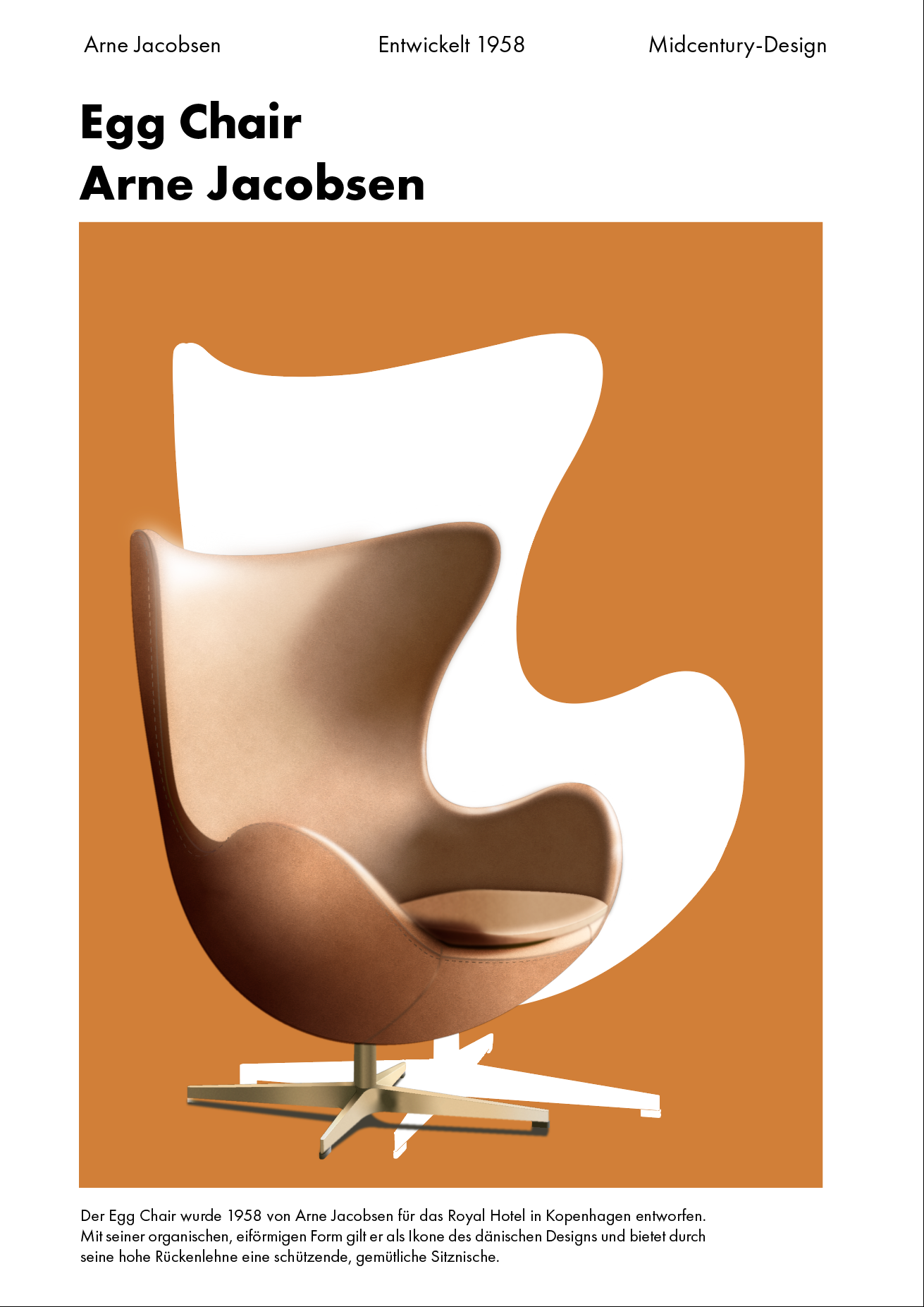 Egg Chair Plakat Variante 1 – starke Orangefläche, Vektorillustration Arne Jacobsen, Jusumi Design
