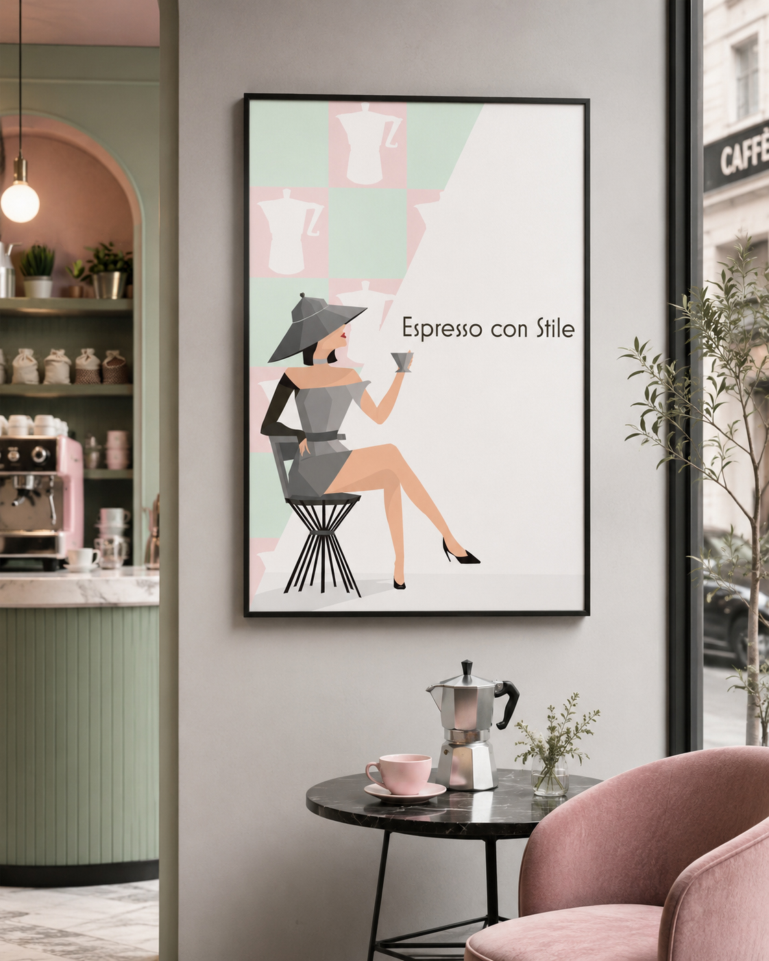 Bialetti×Moschino Plakat „Espresso con Stile" gerahmt in stilvollem Caffè, Illustration Jusumi Design