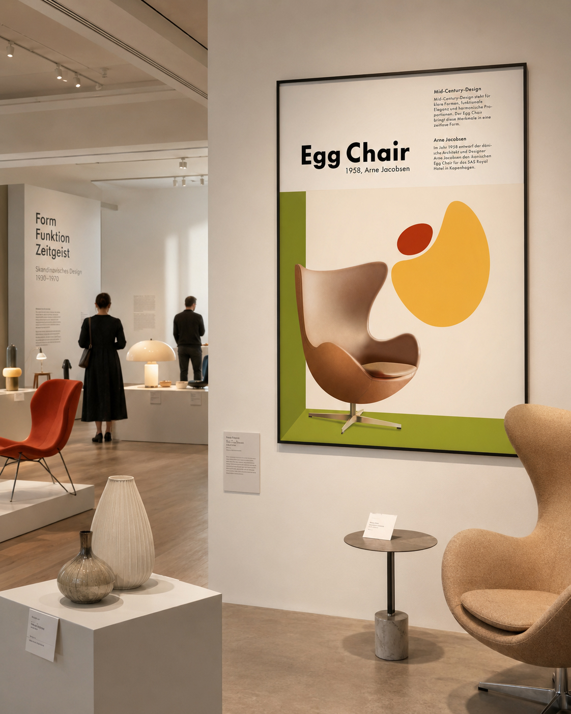 Egg Chair Poster in Designausstellung skandinavisches Design, Mid-Century Plakatgestaltung Jusumi