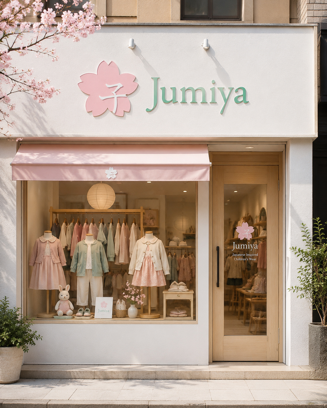 Jumiya Kindermodeladen Fassade mit Logo und Kirschblüte, Branding Mockup Jusumi Design