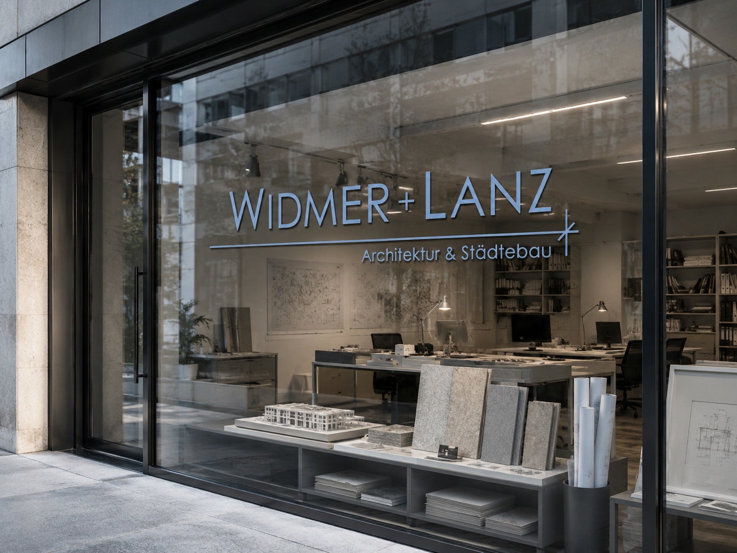 Widmer+Lanz Wortmarke auf Schaufenster Architekturbüro, Logodesign Anwendung Jusumi Design