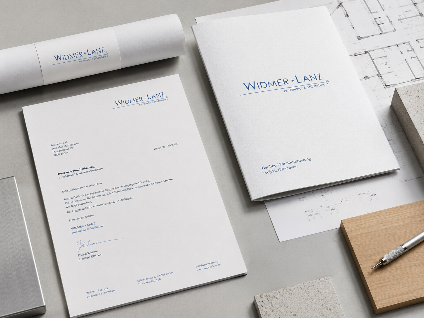Widmer+Lanz Briefpapier und Mappe mit Wortmarke, Corporate Design Mockup Jusumi Design