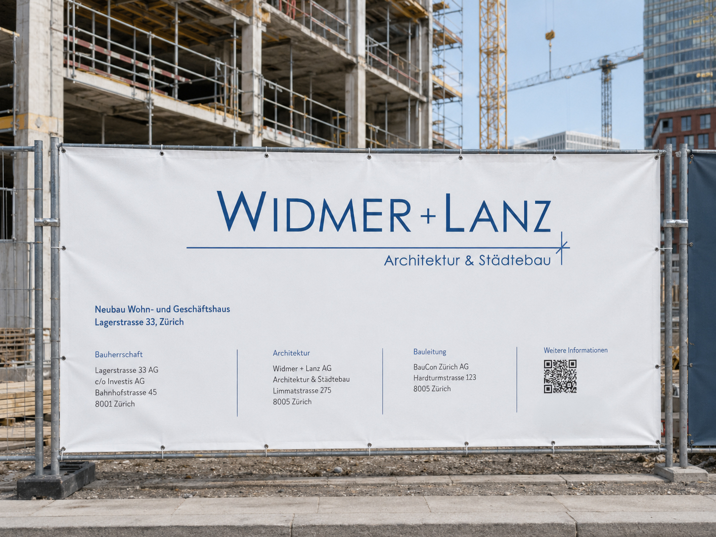Widmer+Lanz Baustellenbanner mit Wortmarke und Projektinformationen, Logoanwendung Jusumi Design