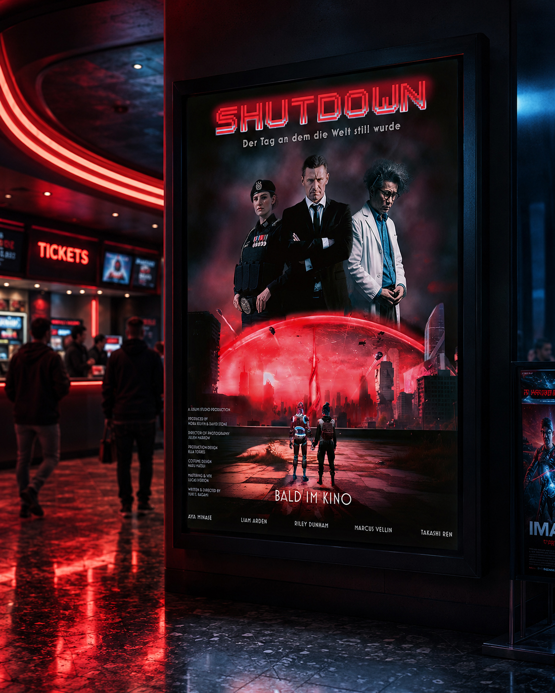 Shutdown Filmplakat im Kinokorridor mit rotem Neonlicht, grossformatiges Mockup Jusumi Design