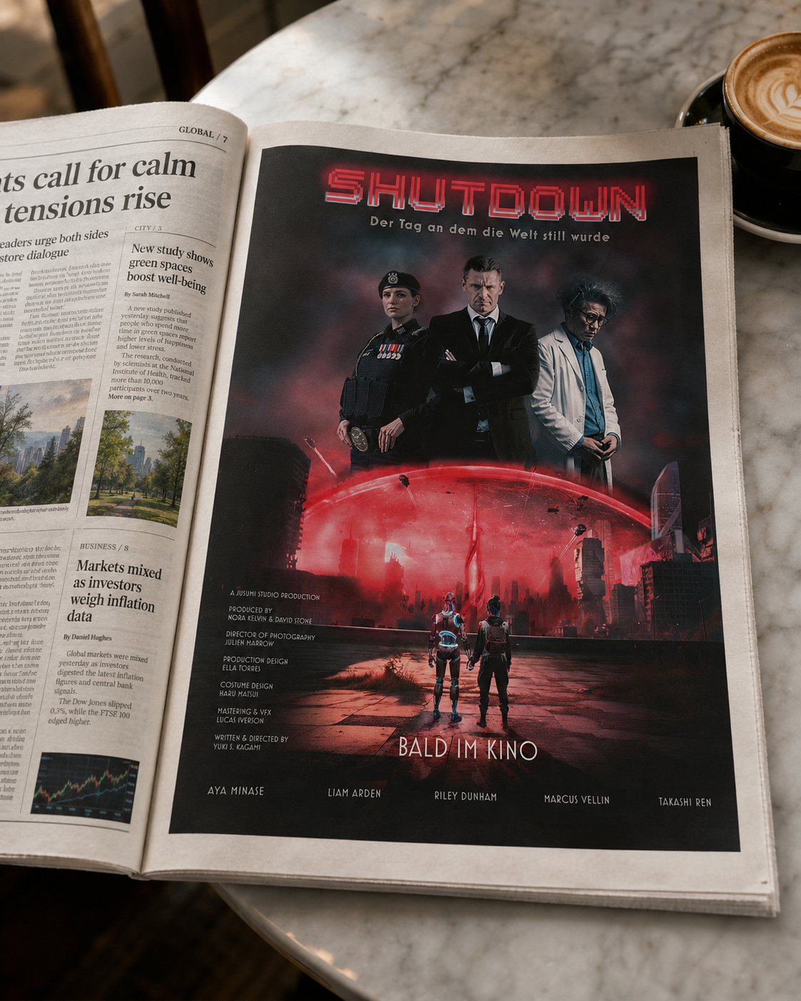 Shutdown Filmplakat als ganzseitige Zeitungsanzeige, Print Mockup Jusumi Design