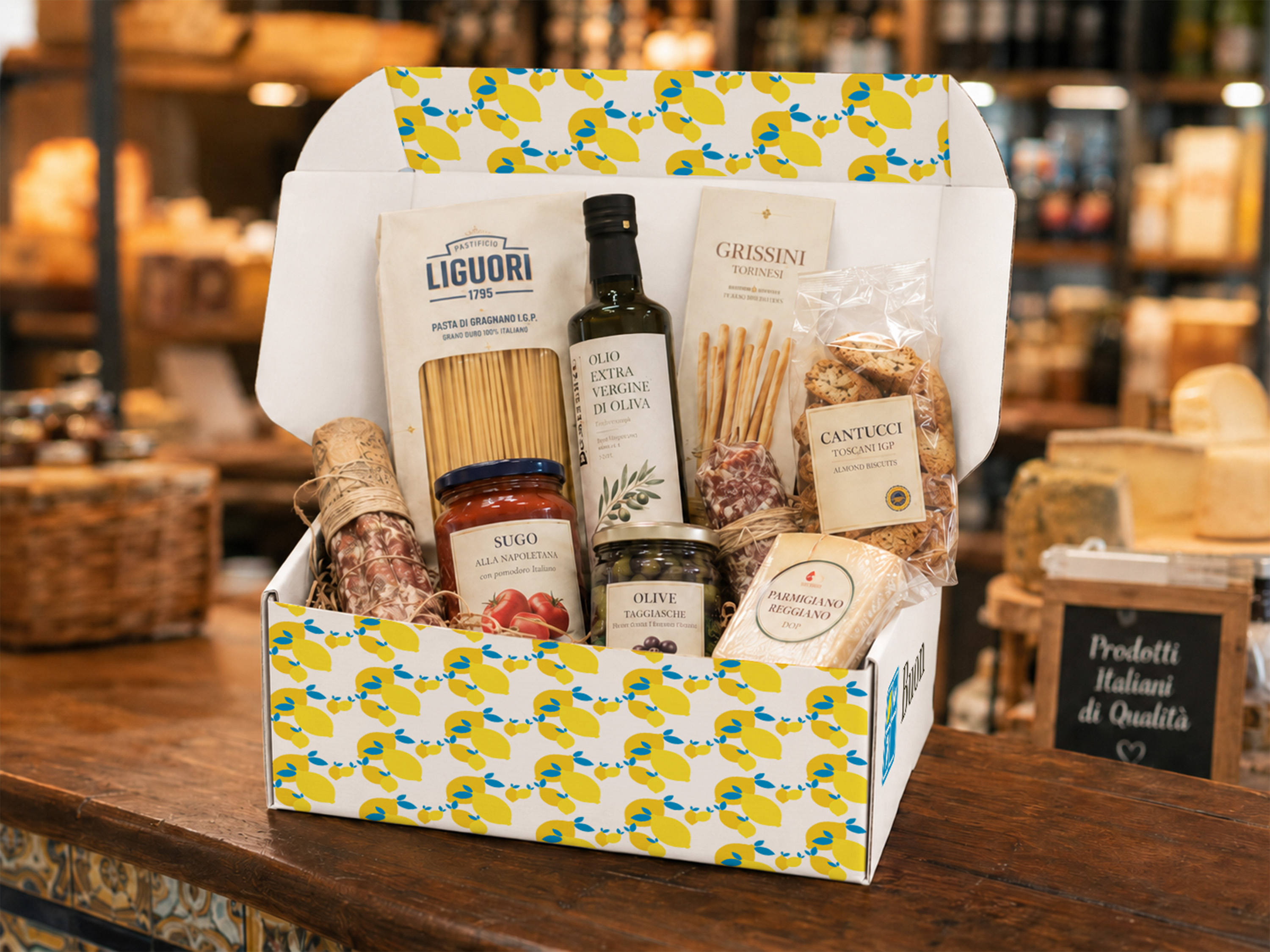 Buon Feinkostbox geöffnet mit italienischen Produkten, Packaging Design von Jusumi Design Bern