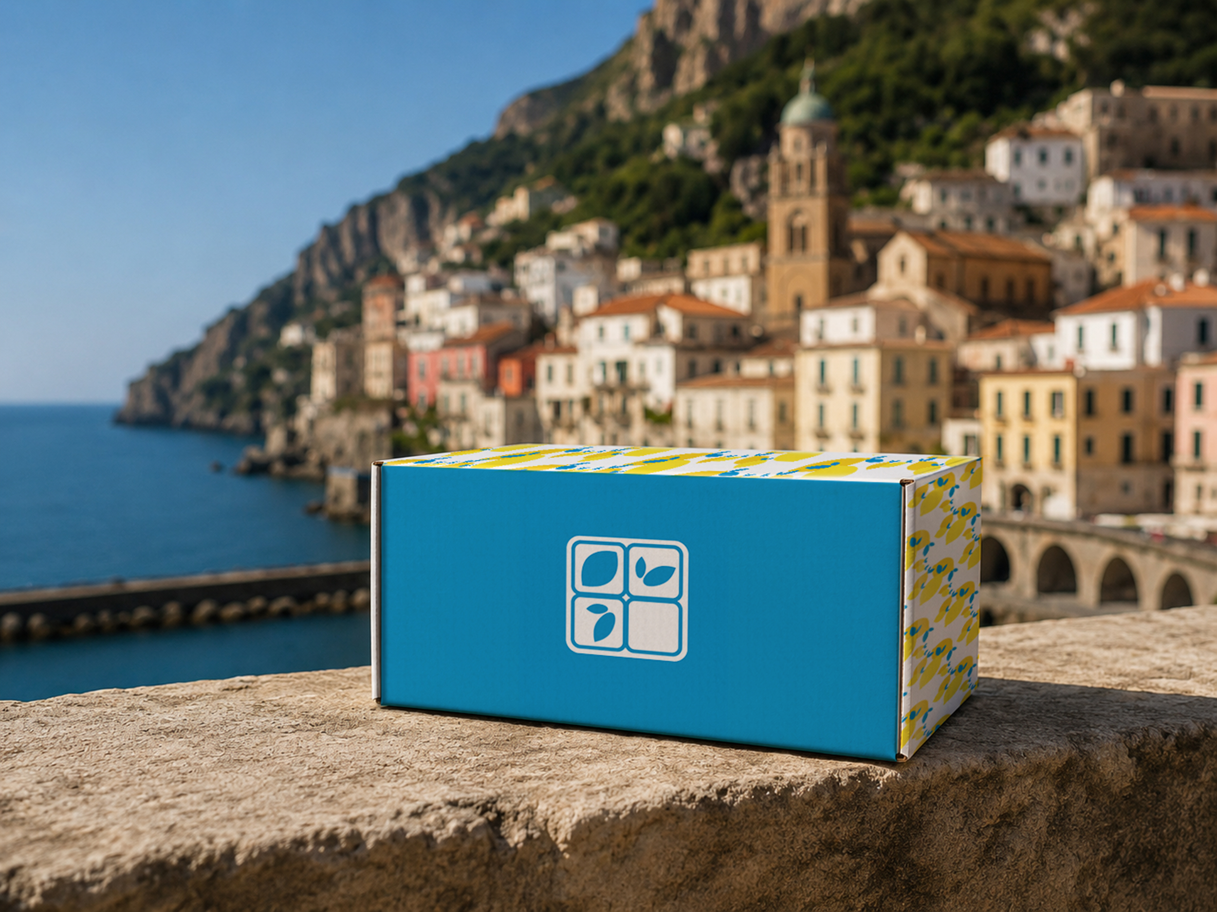 Buon Versandbox mit Logo vor der Amalfiküste, Packaging Design von Jusumi Design Bern
