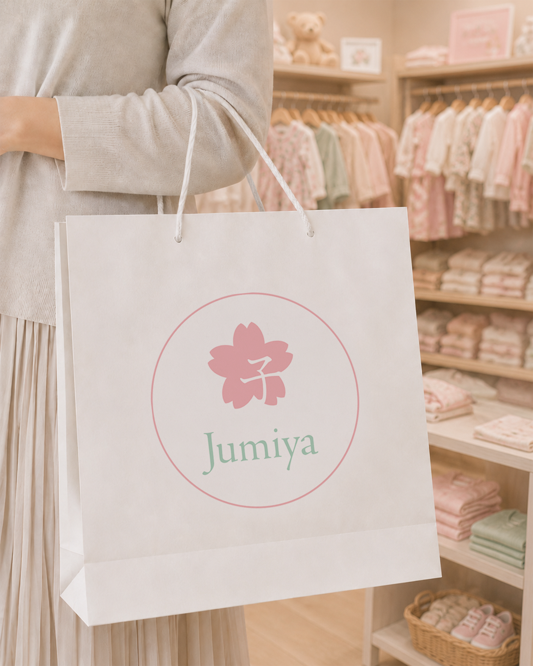 Jumiya Einkaufstasche mit Kirschblüten-Bildmarke, japanisches Kindermode Branding Mockup