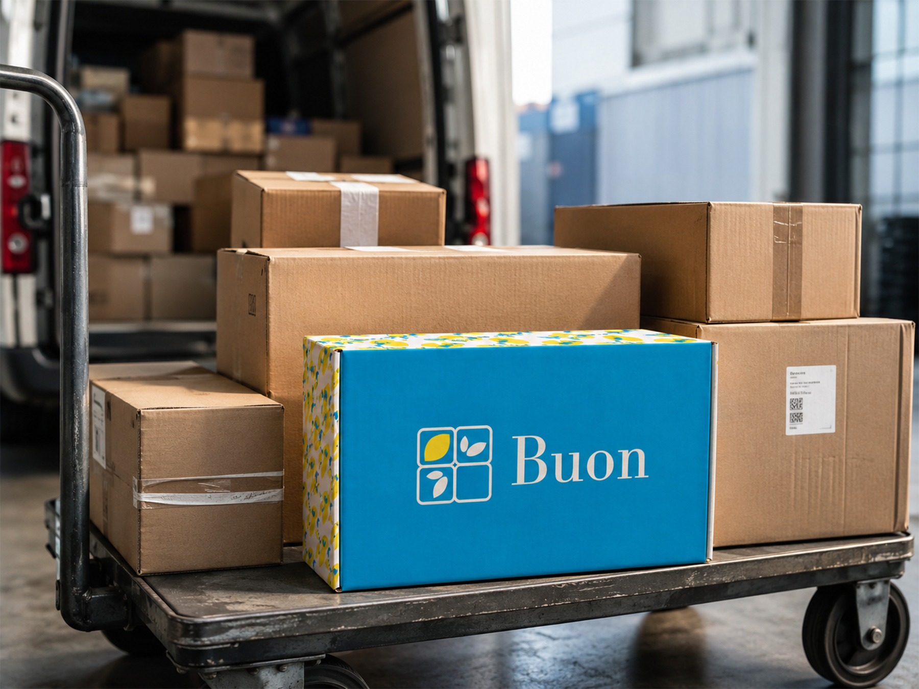 Buon Versandbox auf Lieferwagen, Packaging und Logo Design von Jusumi Design Bern