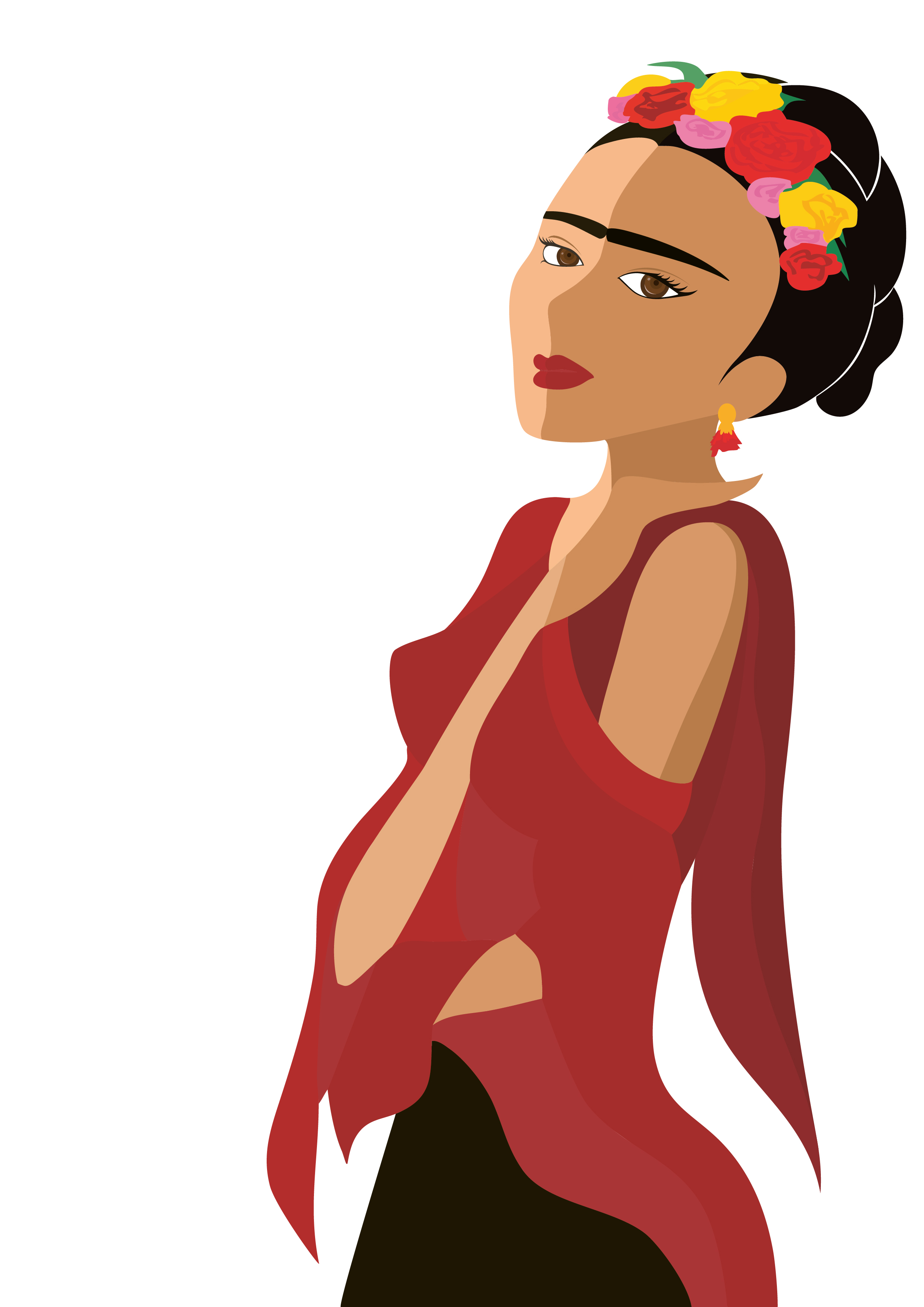 Frida Kahlo Illustration farbige Version in Rot und Hauttönen, reduzierte Vektorgrafik Jusumi Design Bern