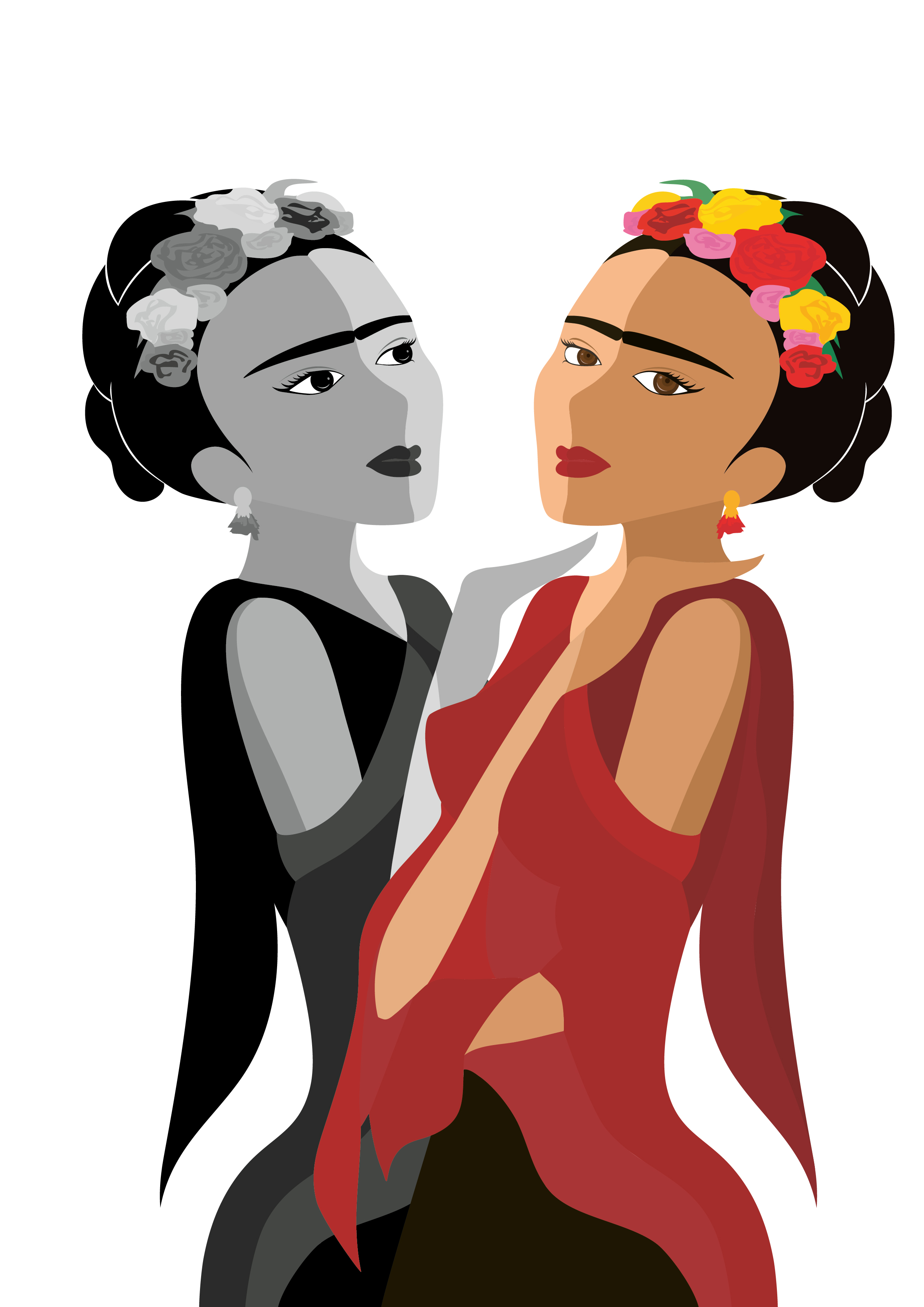 Frida Kahlo Illustration Doppelfigur – farbige und graue Version im Dialog, Illustration Jusumi Design