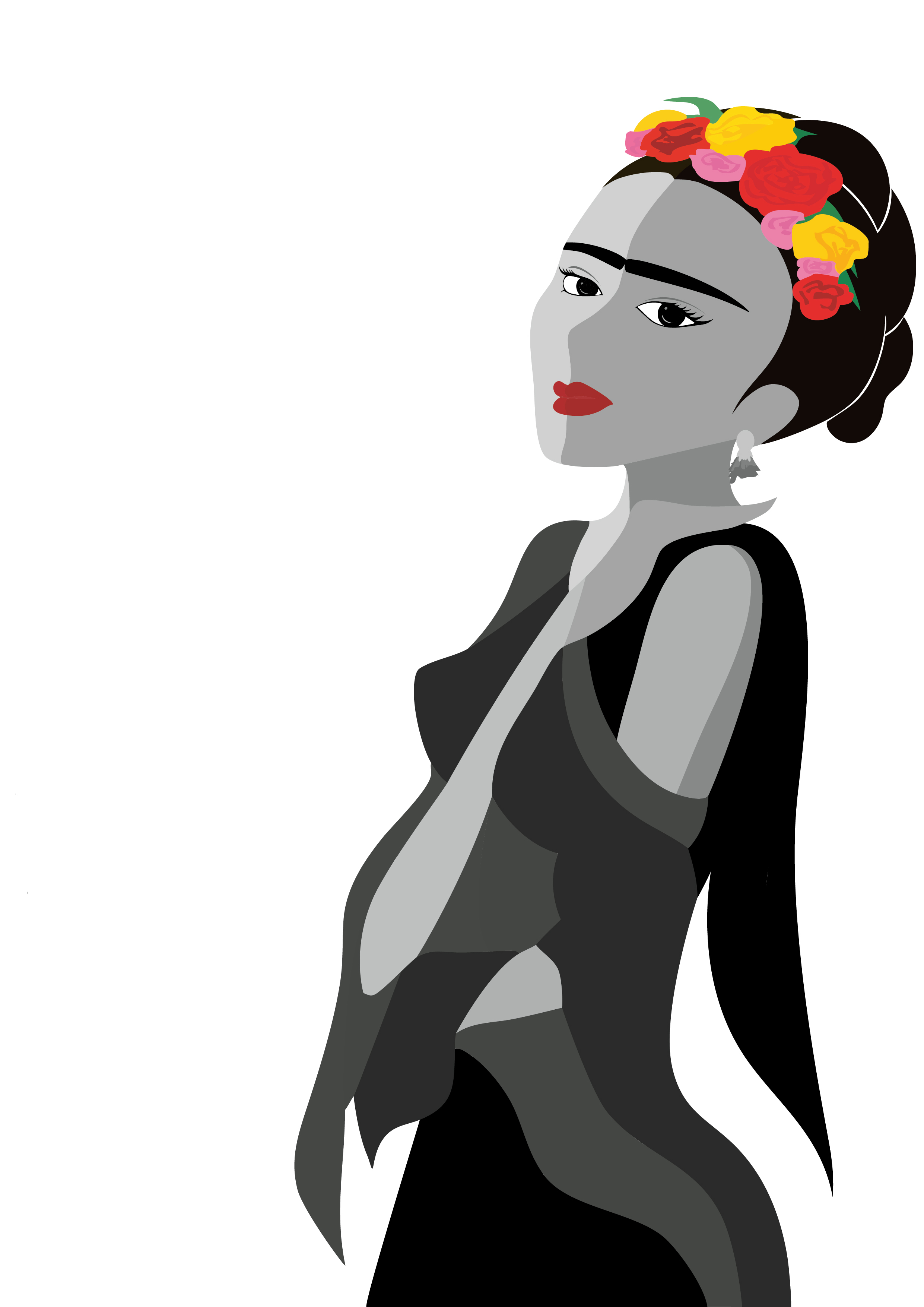 Frida Kahlo Illustration farbige Akzente, Schwarz-Weiss  Version in Rot und Hauttönen, reduzierte Vektorgrafik Jusumi Design Bern