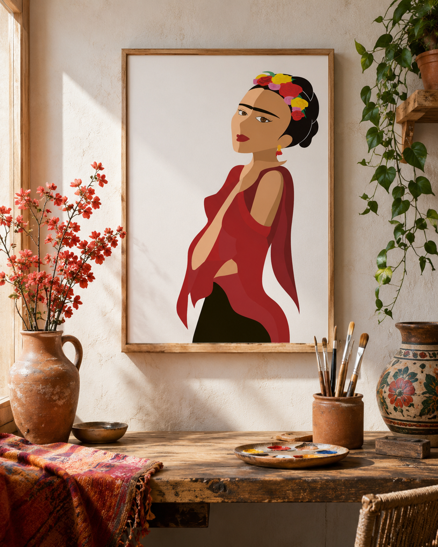 Frida Kahlo Illustration Doppelfigur grau und farbig, gerahmt an Wand, Jusumi Design