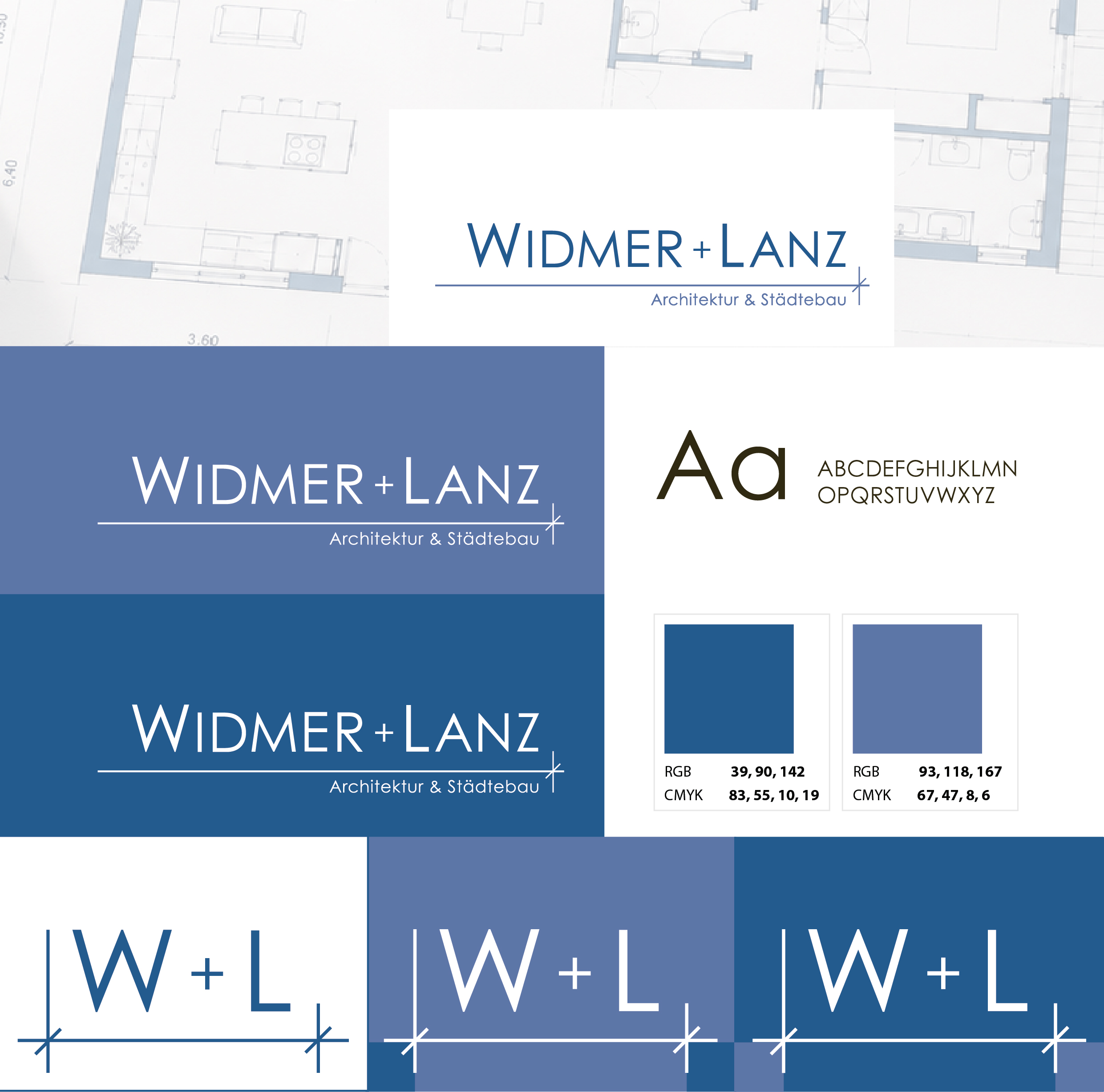 Widmer+Lanz Farb- und Schriftkonzept Century Gothic Pro, Blautöne Hex RGB CMYK