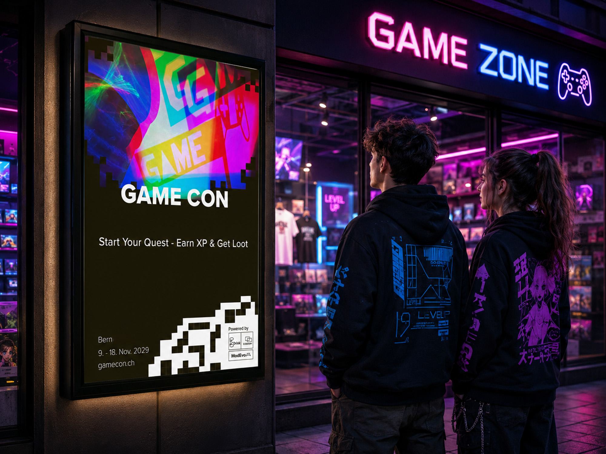 Game Con Plakat auf Gaming Convention zwischen Besuchern, Eventplakat Mockup Jusumi Design