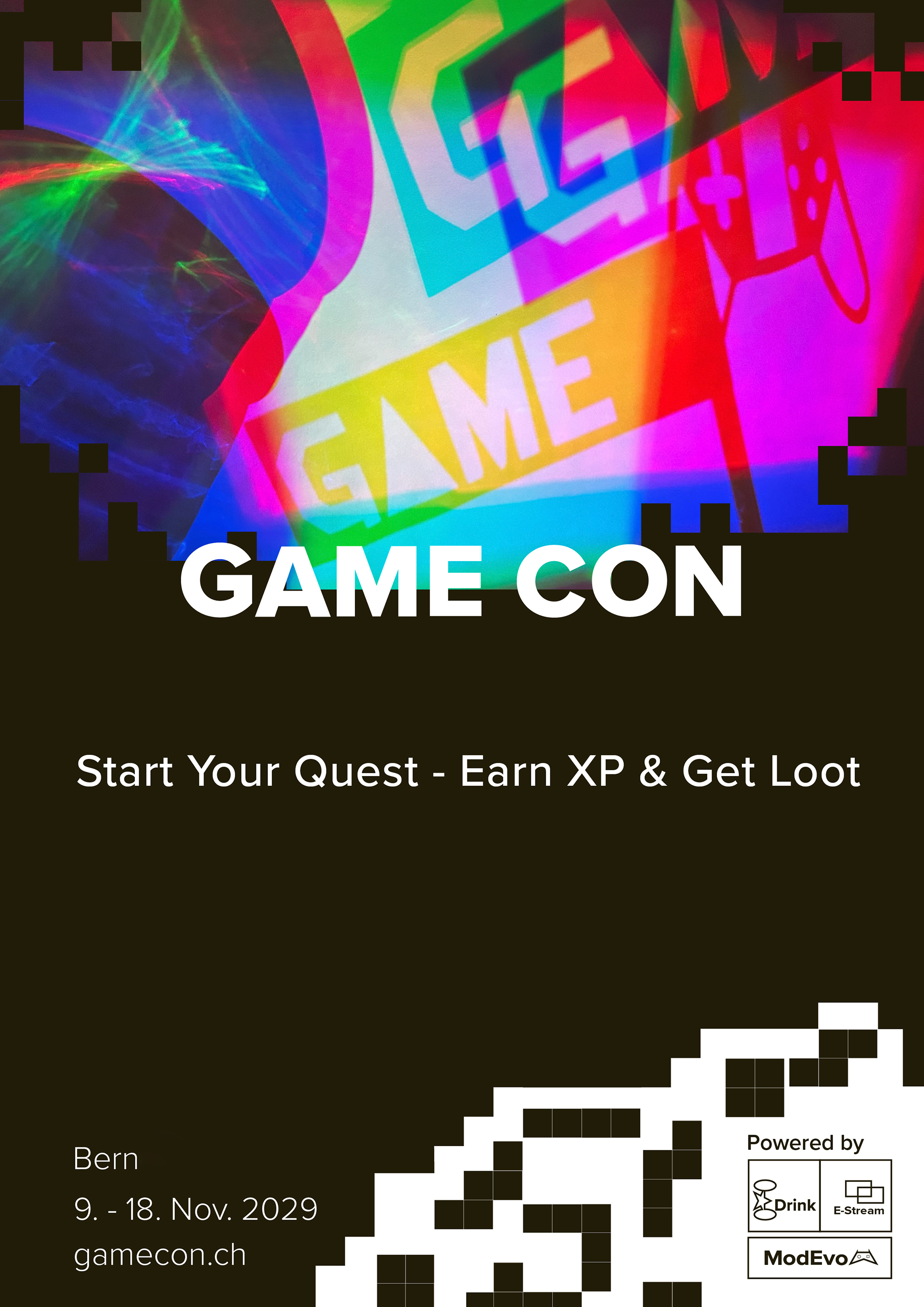 Game Con Eventplakat finales Design schwarz mit RGB Lichtüberlagerung, Jusumi Design Bern