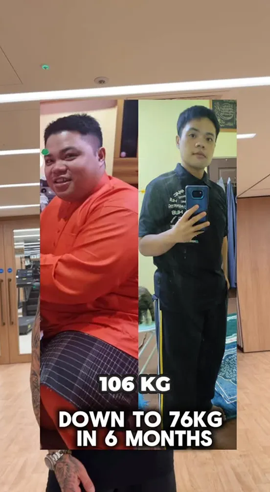 Before-and-after weight loss transformation photo comparison.