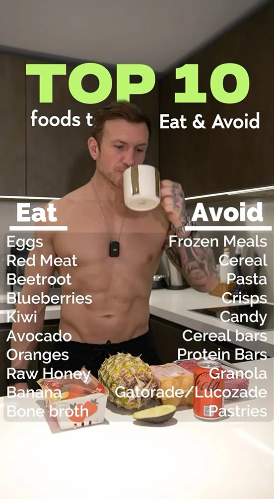 Shirtless man in kitchen with food list graphic showing eat and avoid foods.