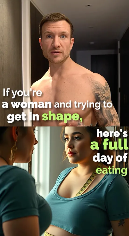 Fitness coach speaking with split screen showing woman measuring waist.